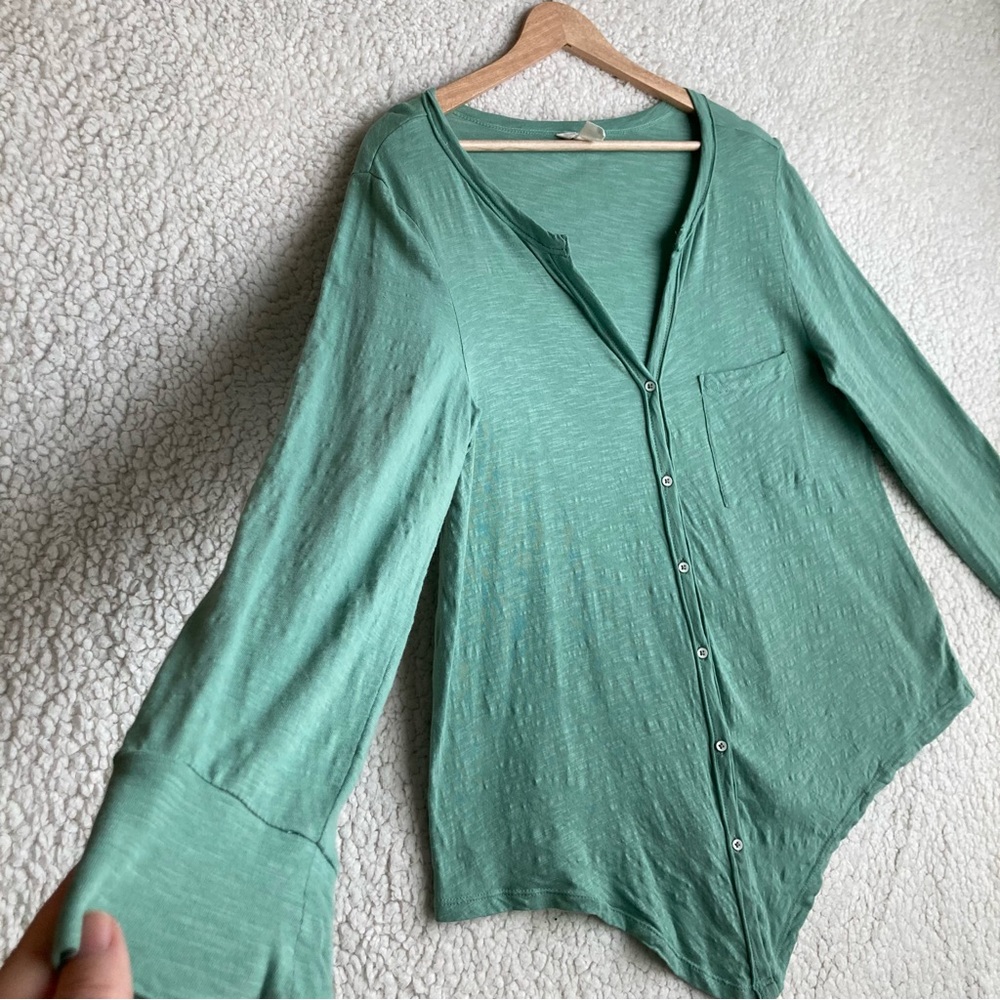 Caslon Women’s tie front long sleeve V-neck button down slub cotton top, Sz XS - Picture 5 of 13